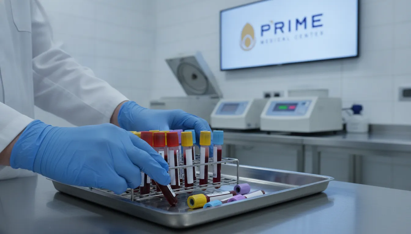 Mãos de profissional de saúde manuseiam tubos de exames de sangue para saúde sexual masculina em laboratório.