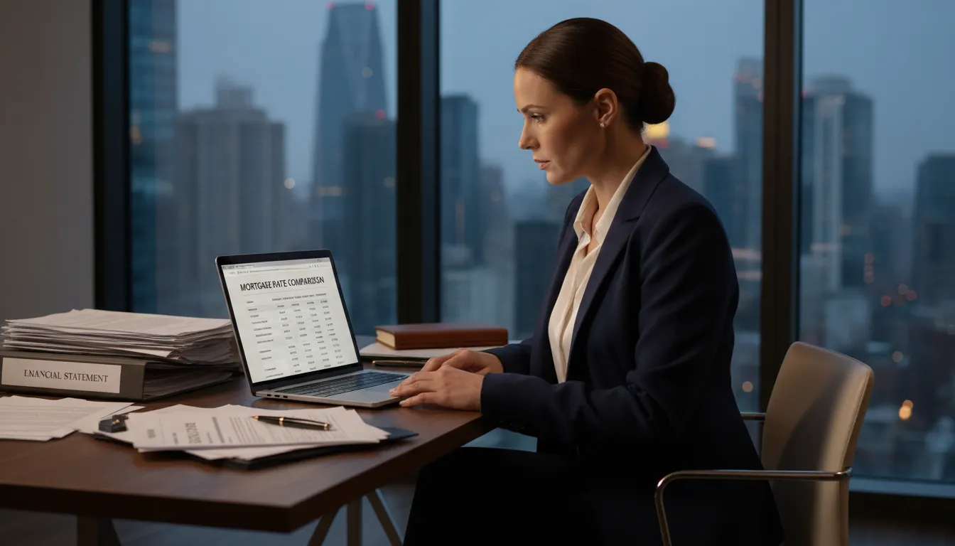 Especialista compara taxas de crédito imobiliário em notebook, demonstrando análise e confiança.