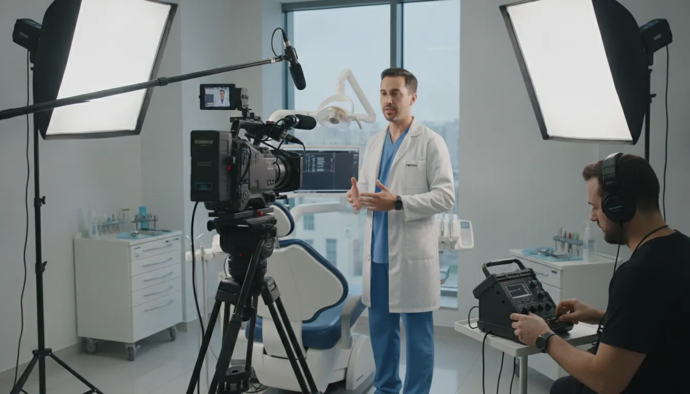 Equipe de produção grava vídeo profissional em consultório, demonstrando investimento em marketing odontológico.