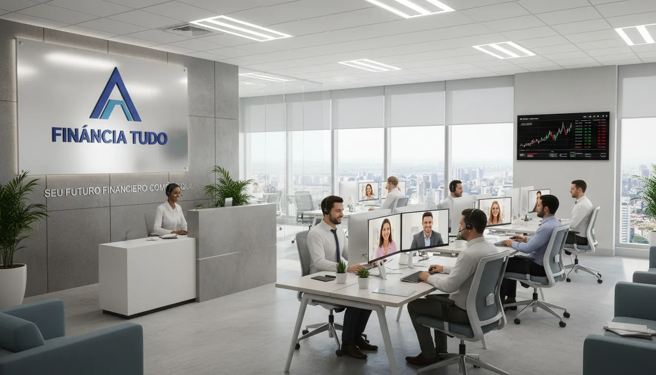 Interior de um escritório moderno com o logo da Financia Tudo, consultores financeiros auxiliando clientes ao telefone, representando um serviço confiável para financiamento de caminhões.