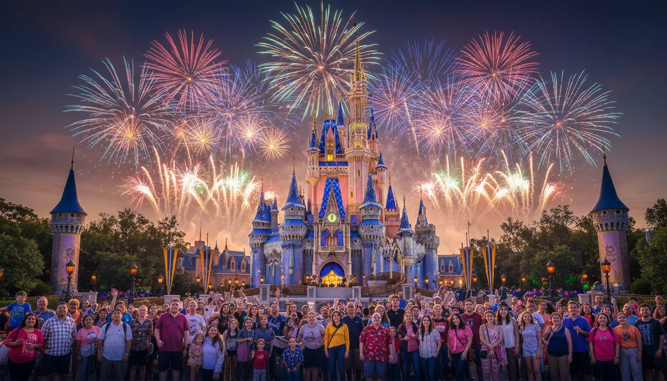 Vista deslumbrante do Castelo da Cinderela na Disney World ao anoitecer, com fogos de artifício e multidão maravilhada.