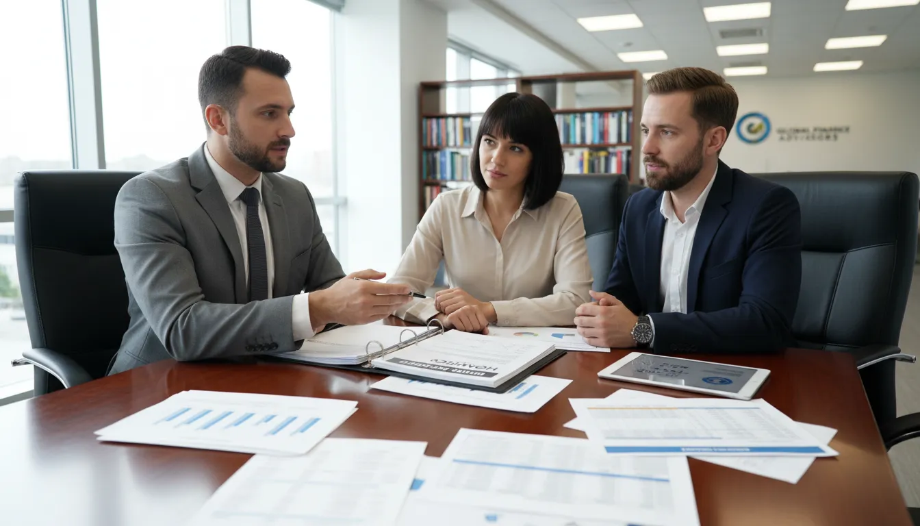 Consultor financeiro e casal analisando contratos e tabelas de financiamento juntos