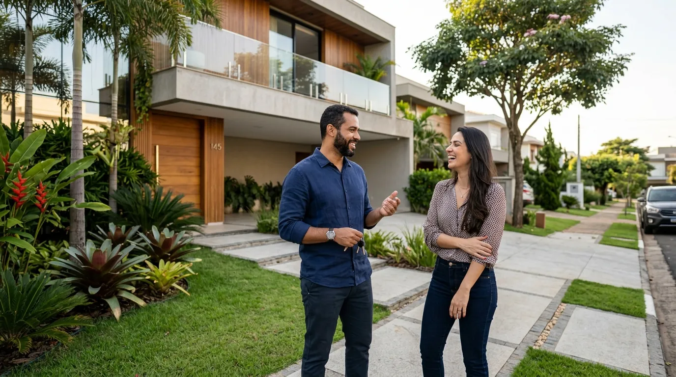 Coproprietários conversando sobre usar imóvel com mais de um proprietário como garantia.