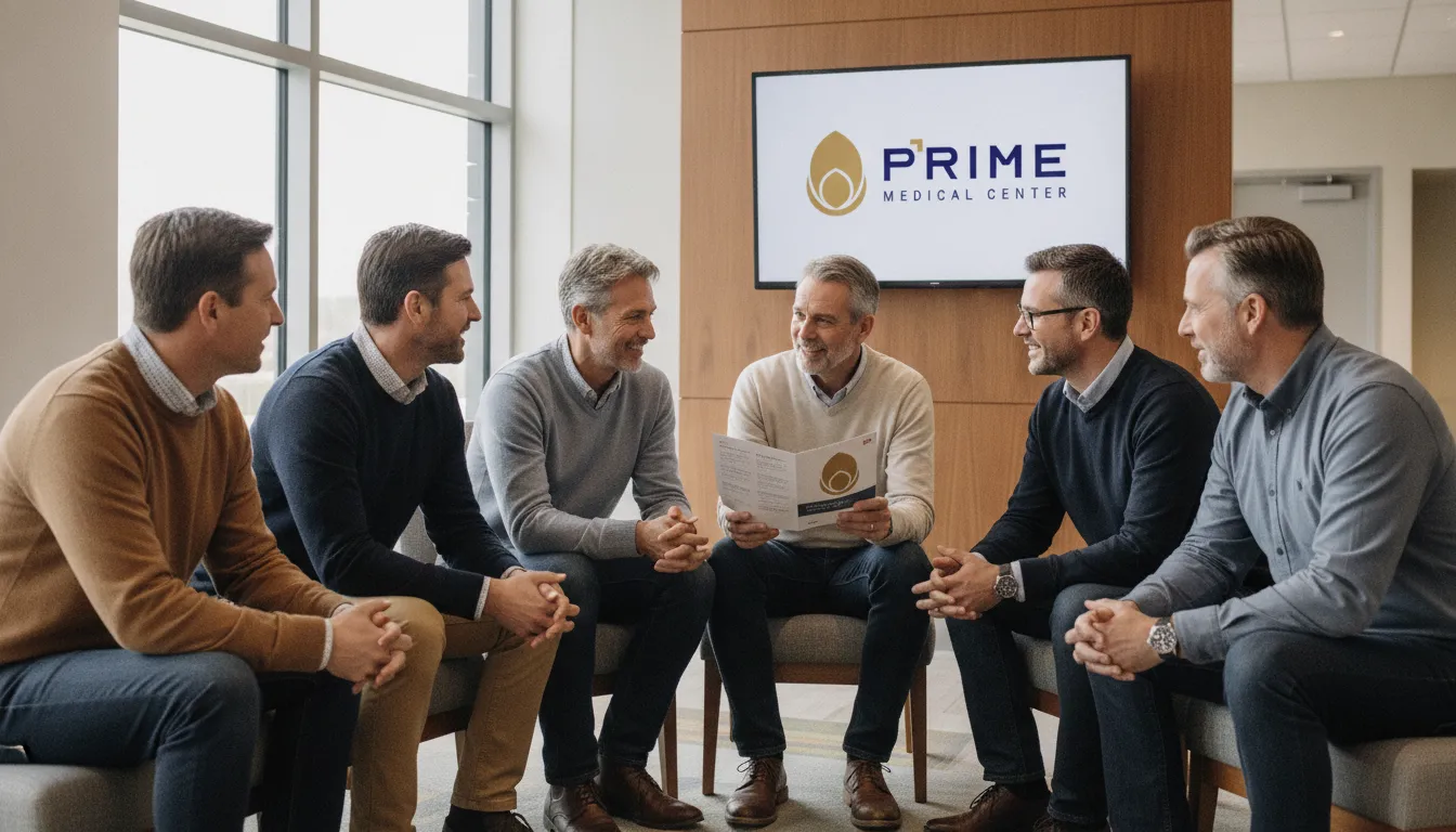 Grupo de homens em conversa descontraída, desmistificando o toque retal e promovendo a saúde masculina.