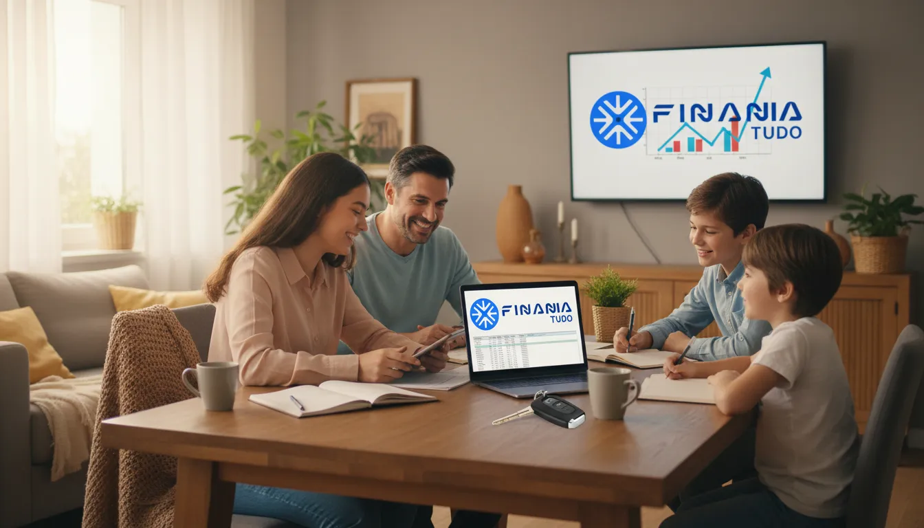Família planeja finanças com carro quitado, considerando opções de empréstimo com carro quitado e Financia Tudo.