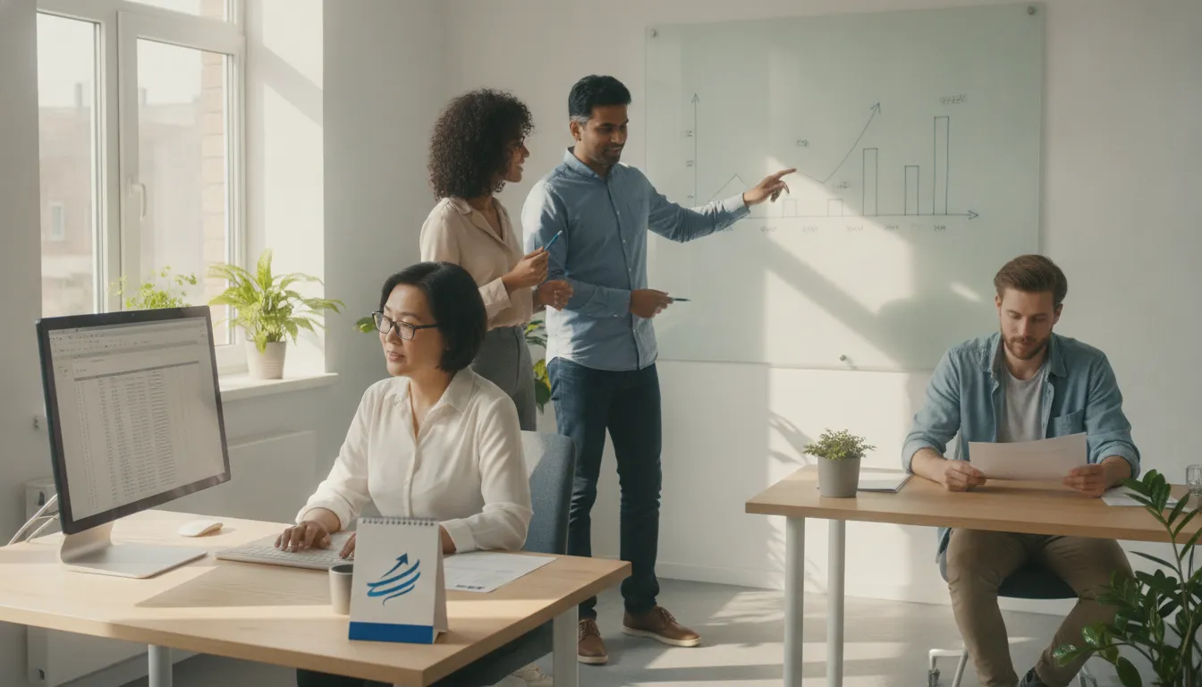 Equipe em escritório vibrante, após organizar finanças da empresa e obter crédito para crescimento.