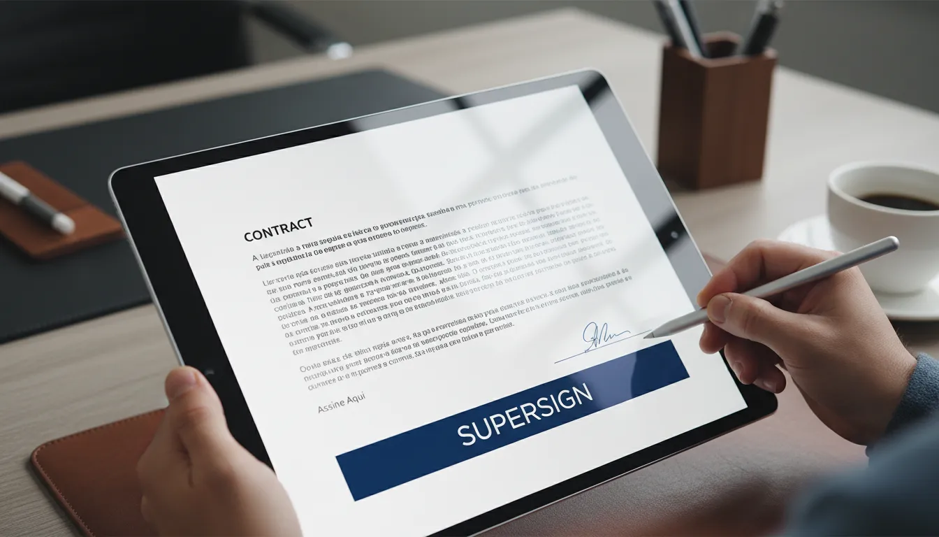 Assinatura digital em tablet facilita o processo de um contrato social modelo gratuito com a SuperSign.