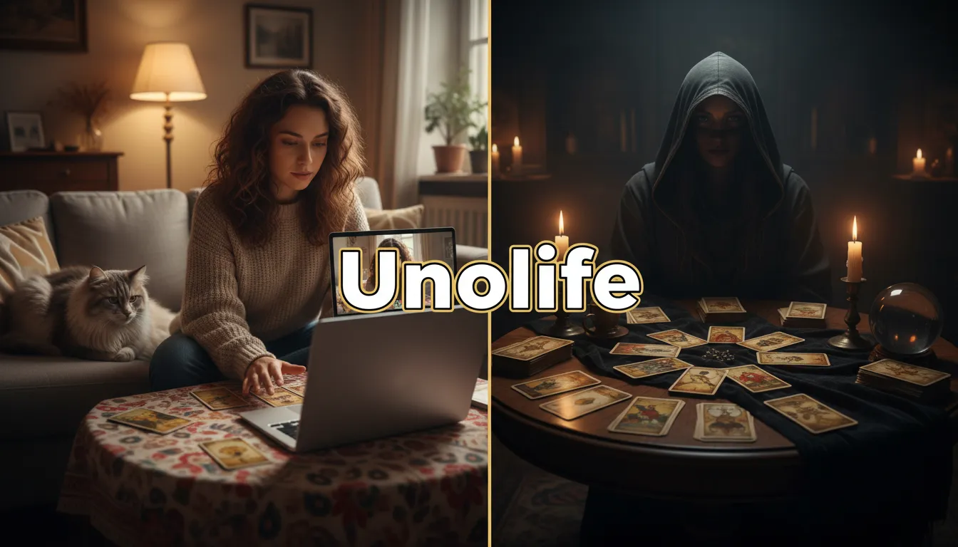 Imagem dividida mostrando tarot online em ambiente acolhedor e tarot presencial em ambiente misterioso, ambos oferecidos pela Unolife.
