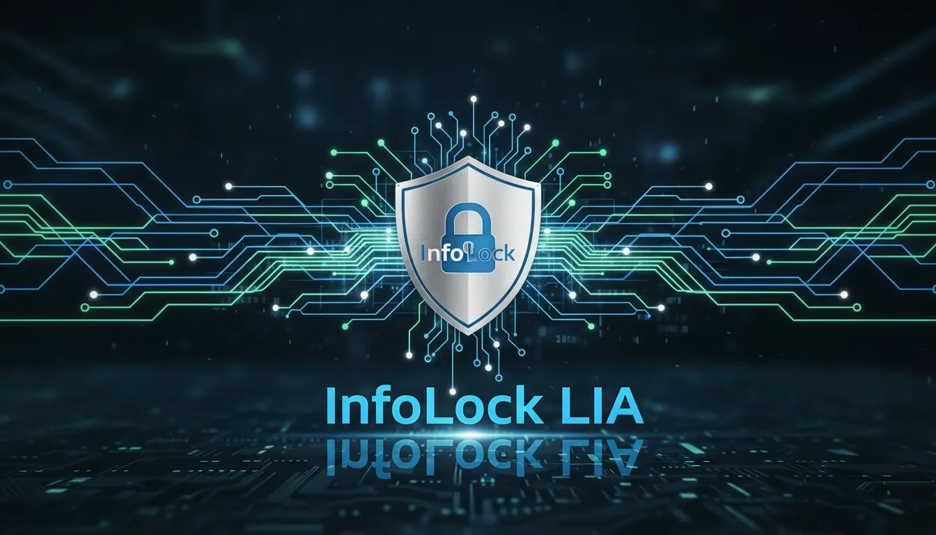 Representação abstrata de dados fluindo através de uma rede segura com um escudo, com o logo da InfoLock, representando o legitimo interesse lgpd.