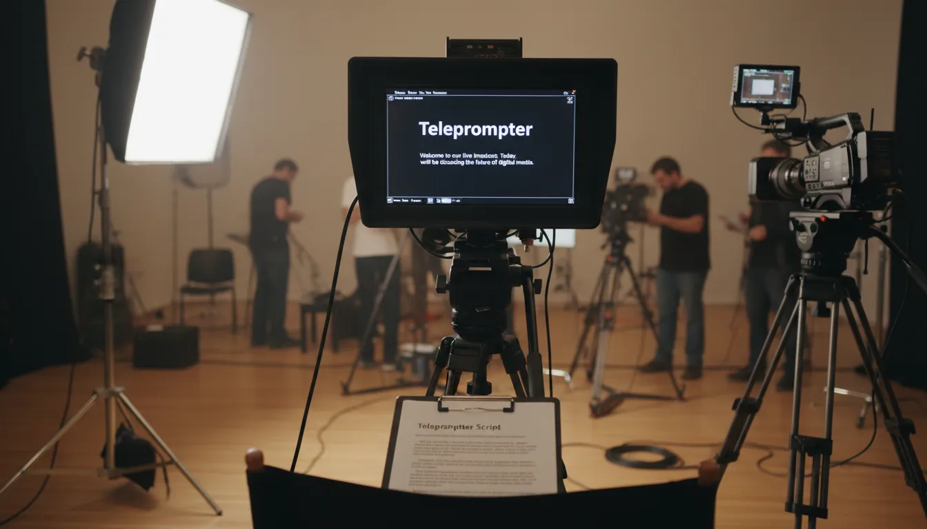 Visão dos bastidores de uma produção de vídeo, com foco no teleprompter exibindo o texto do roteiro, essencial para a gravação.