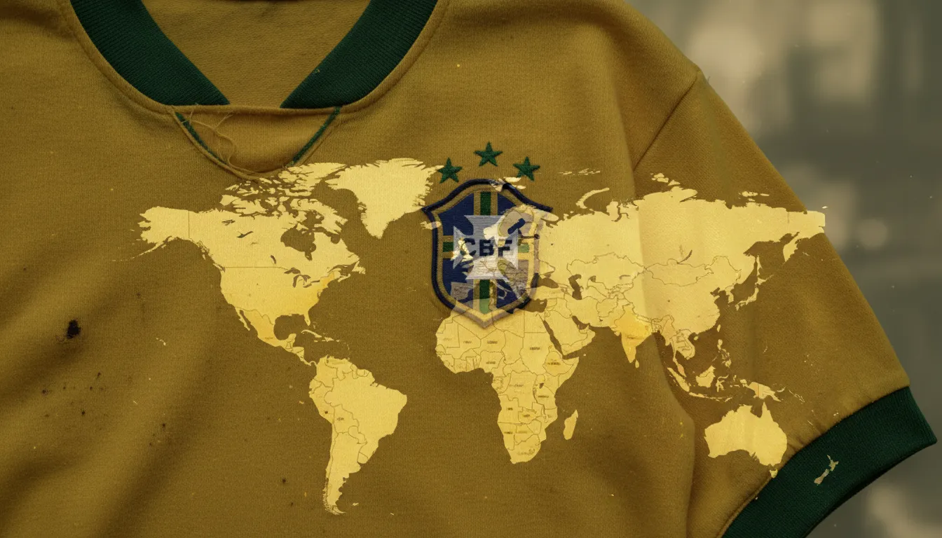 Close de uma camisa vintage do Brasil, celebrando o país como o maior campeão copa do mundo em momentos históricos.
