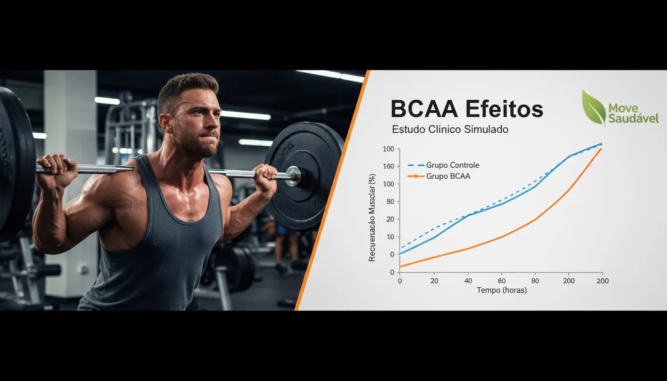 Imagem dividida: treino intenso e gráfico científico sobre recuperação muscular com BCAA. Descubra se bcaa funciona para otimizar seus resultados.