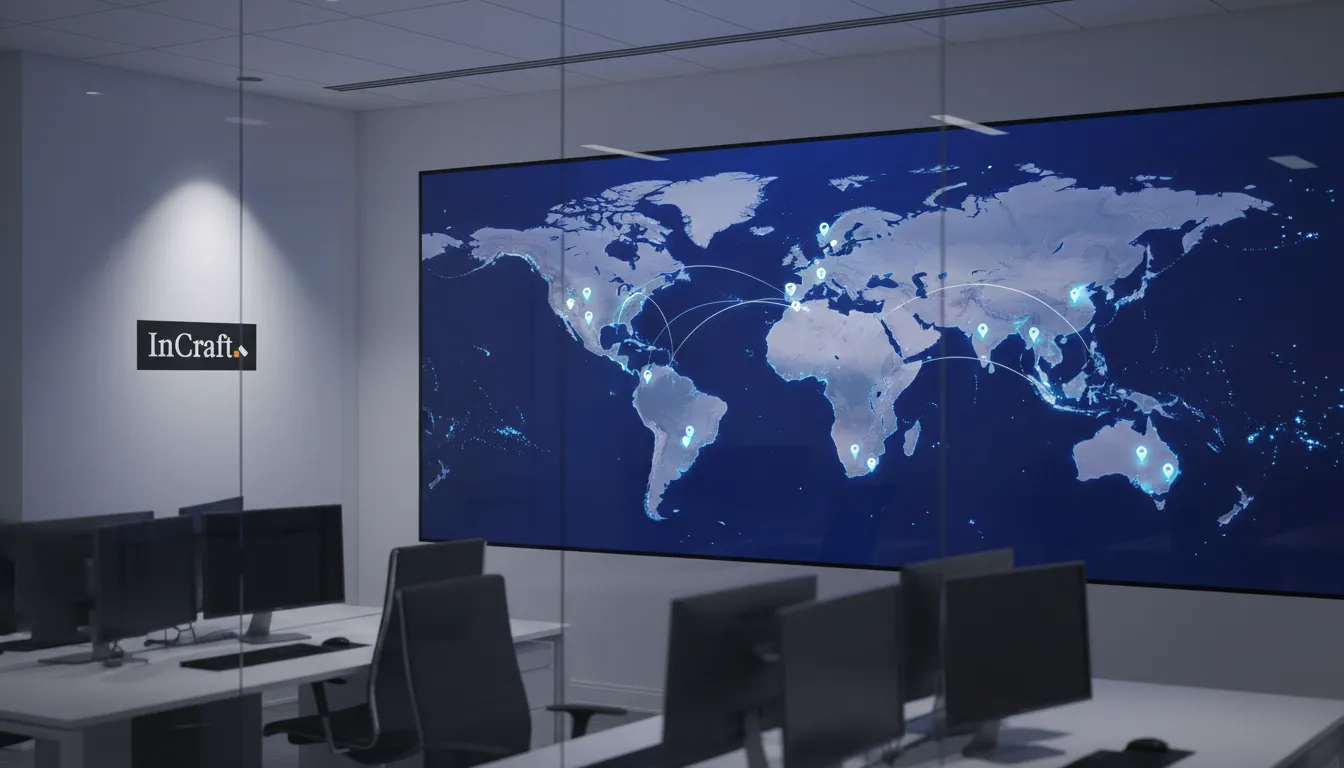 Mapa-múndi exibindo a presença global do site institucional em mais de 120 países, com alto detalhe.