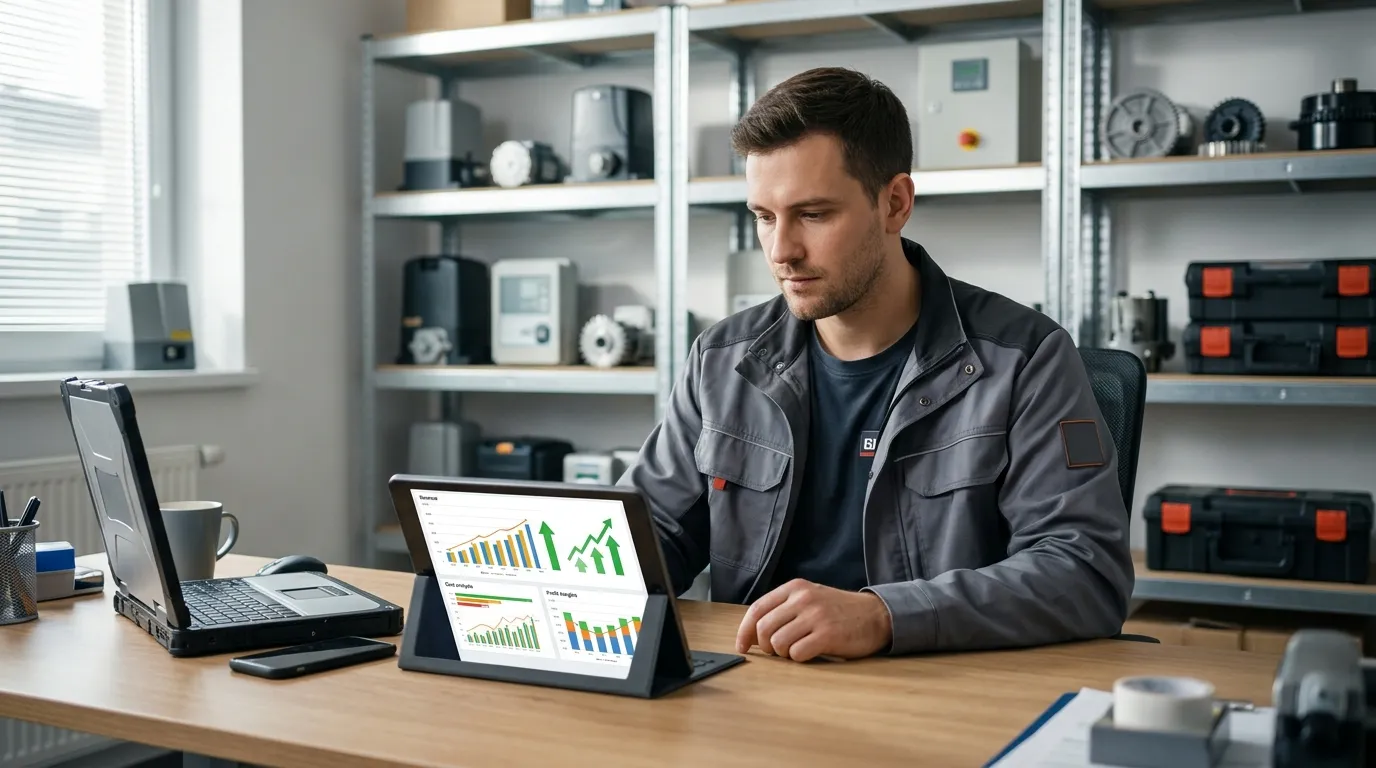 Instalador analisa modelo de dashboard financeiro em um tablet na oficina.