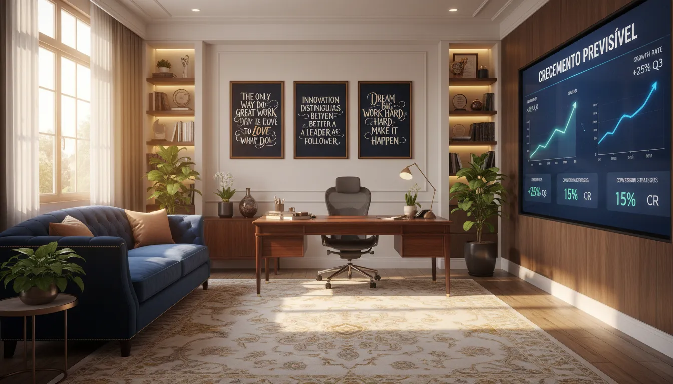Espaço de escritório elegante com dashboard de marketing visível.