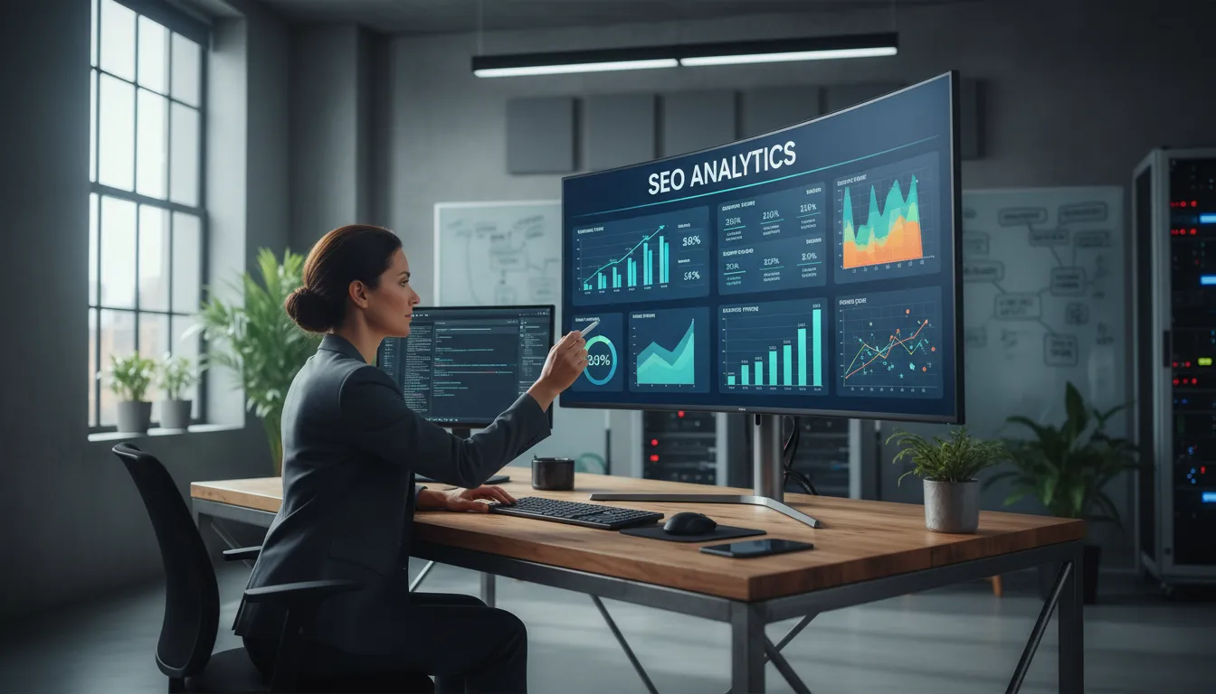 Como Fazer Site Ficar no Topo do Google em 2026 1 Profissional analisando dados de SEO em monitor com gráficos e ambiente moderno