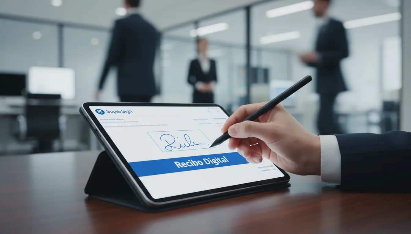 Detalhe de uma mão assinando um recibo de pagamento digital em um tablet, destacando a agilidade e segurança da assinatura eletrônica da SuperSign.