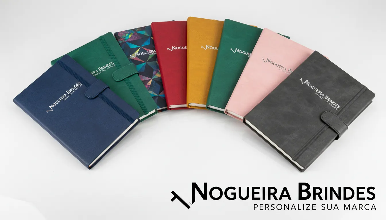 Coleção de agendas personalizadas da Nogueira Brindes com designs e cores variadas, demonstrando a diversidade dos produtos.