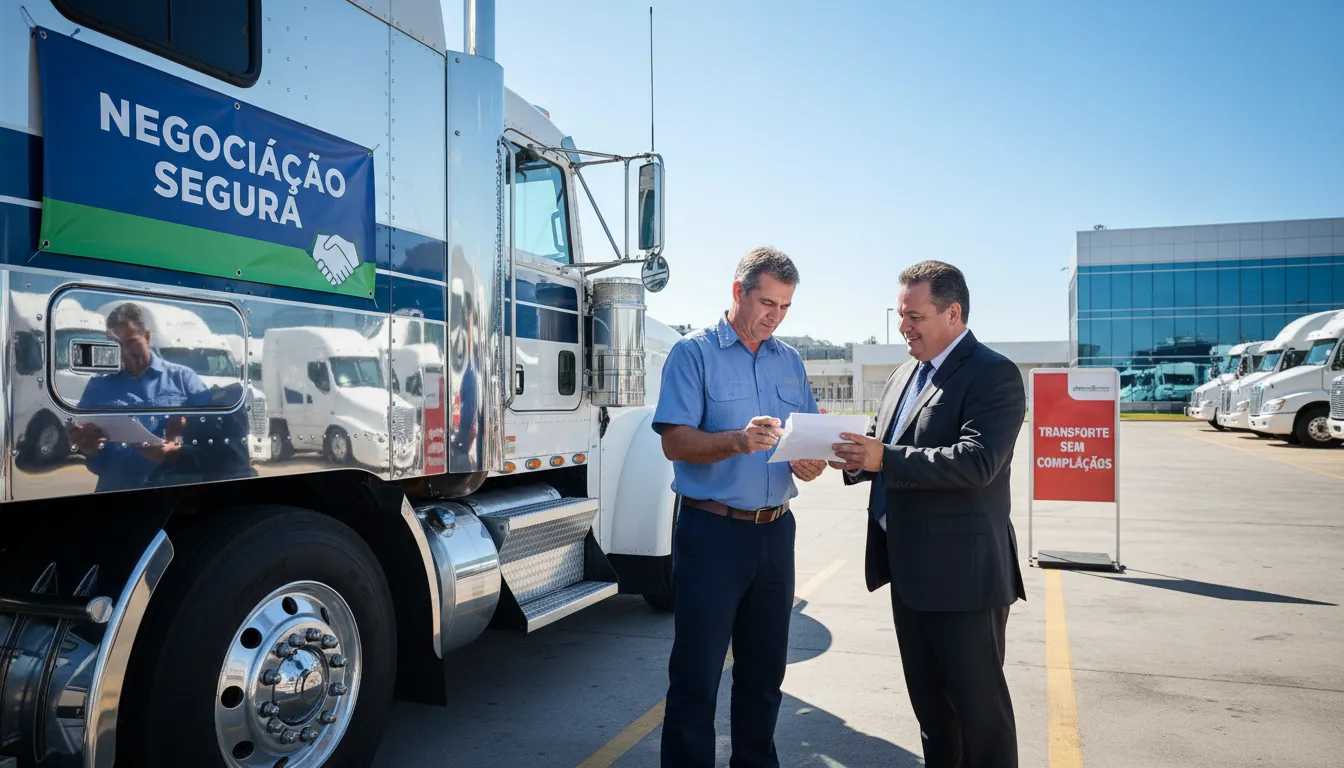 Caminhoneiro vistoriando documentos próximo ao caminhão em pátio ensolarado após avaliação veicular.