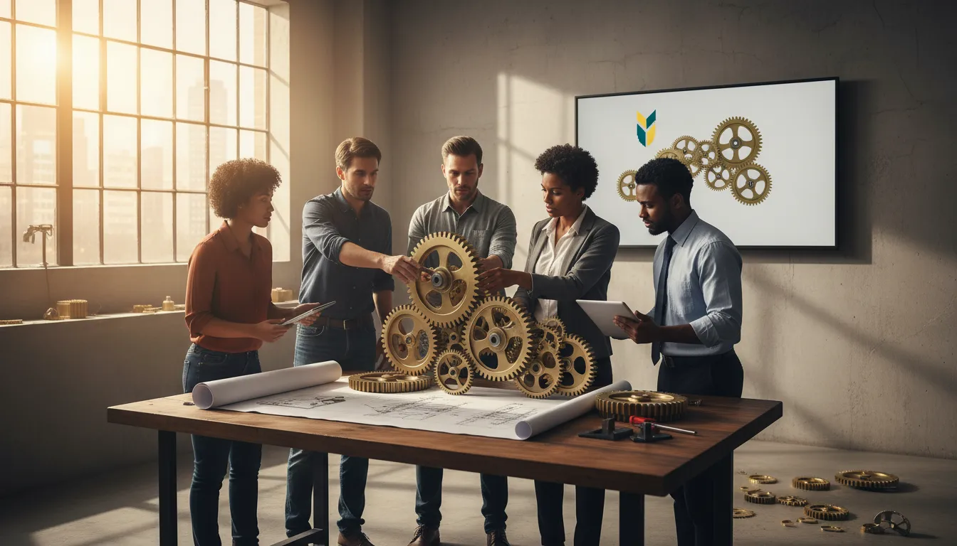 Empreendedores diversos colaboram na construção de uma estrutura de engrenagens, representando a união de esforços em um contrato social.