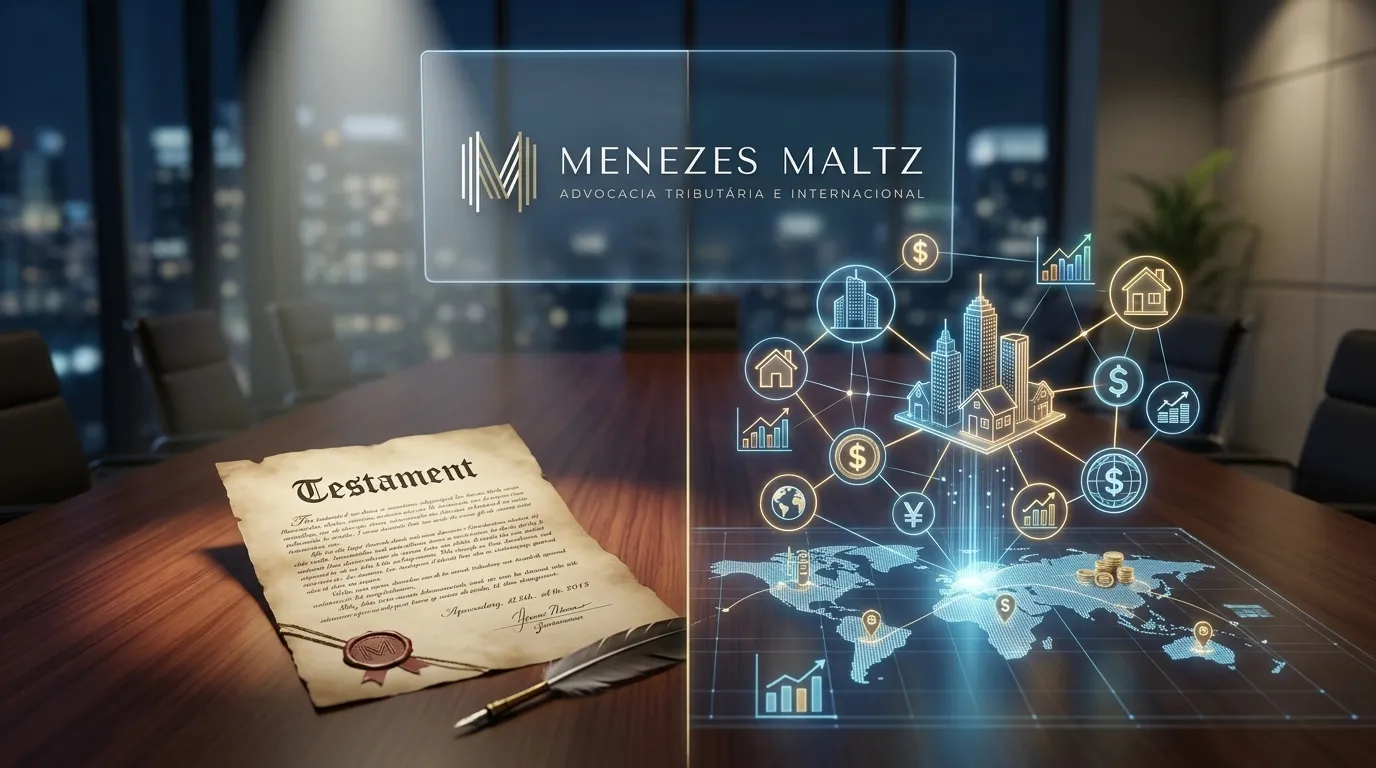 Comparativo visual entre testamento tradicional e rede de ativos digitais globais.