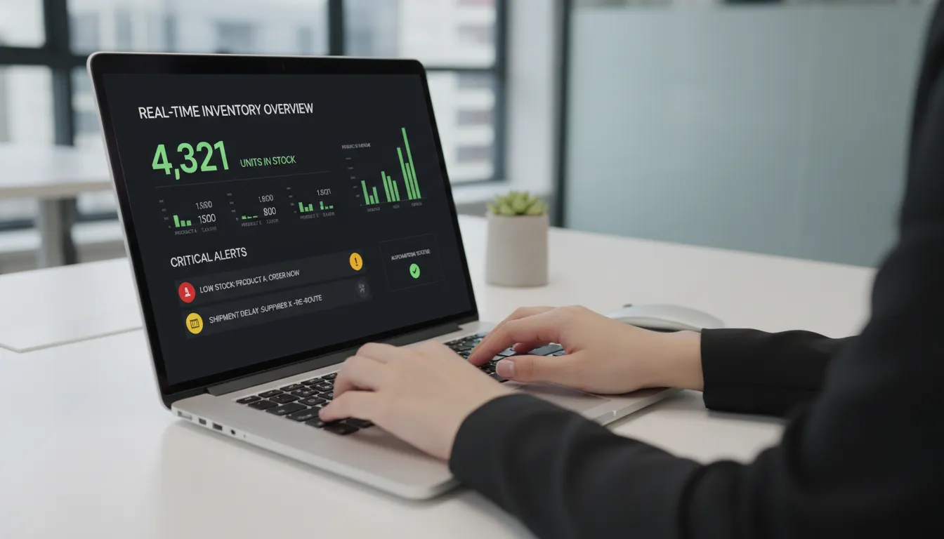 Mãos usando laptop com painel de controle de estoque atualizado em tempo real