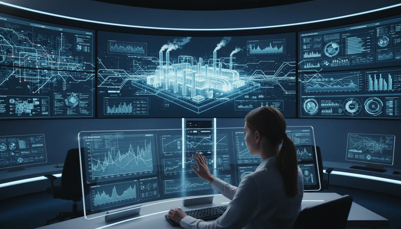 Engenheiro monitora gêmeos digitais em sala de controle, analisando telemetria para otimizar operações.