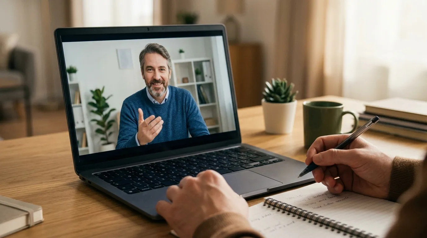 Videochamada de acolhimento com assistente social online na tela do computador.