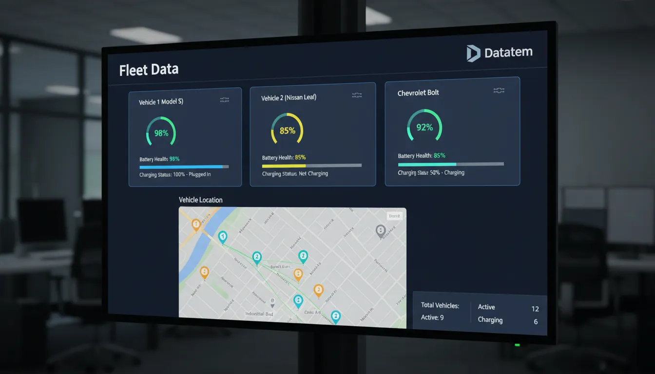 Dashboard exibindo dados telemétricos de veículos elétricos, mostrando a saúde da bateria e a localização. Solução de gestão da Datatem para frotas.