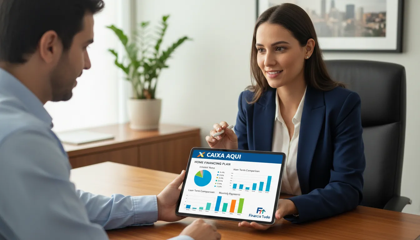 Consultor financeiro explica o simulador habitacional caixa da Financia Tudo para cliente, demonstrando como planejar o financiamento da casa nova.