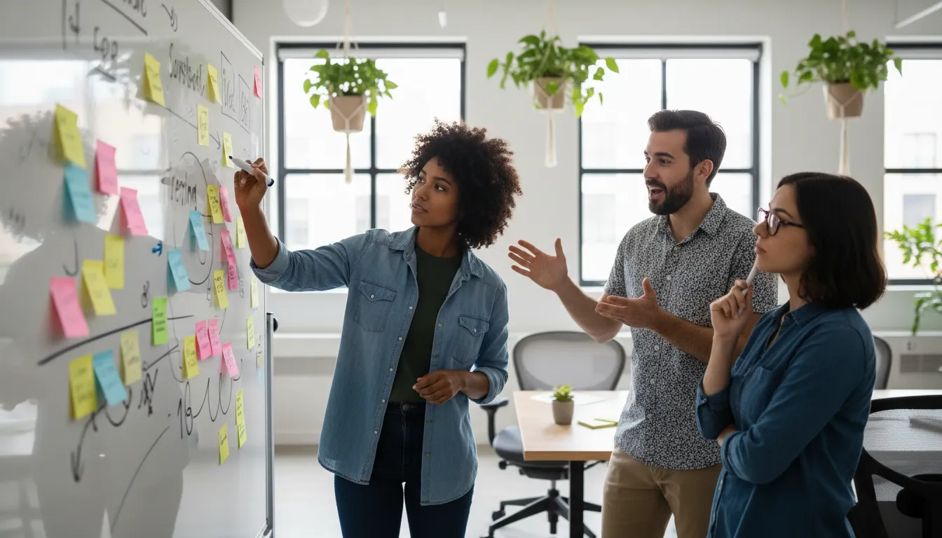 Equipe de agência de social media em brainstorming criativo, desenvolvendo campanhas digitais inovadoras.