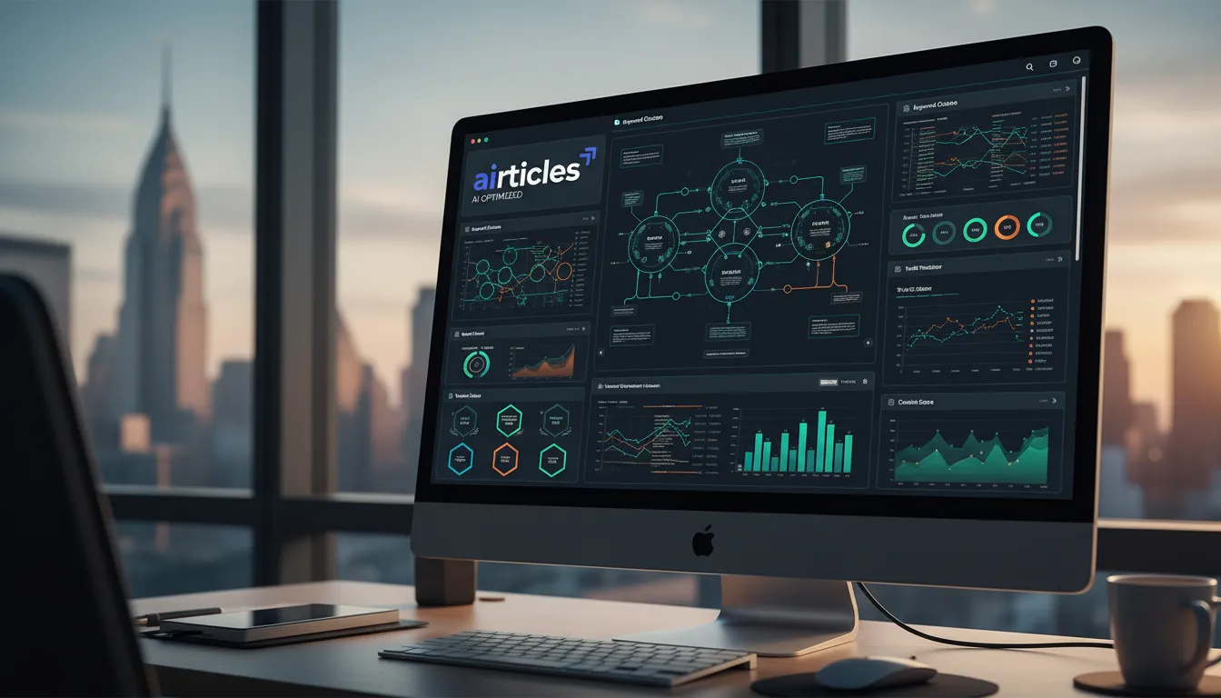 Detailed AI SEO algorithms displayed on a computer screen with the Manhattan skyline subtly visible, emphasizing technological sophistication.