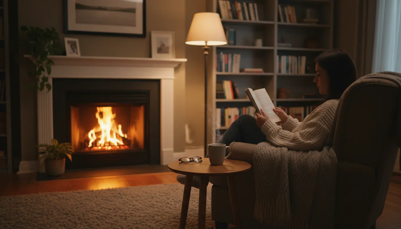 Sala de estar aconchegante com pessoa lendo livro, promovendo o autocuidado e relaxamento mental.