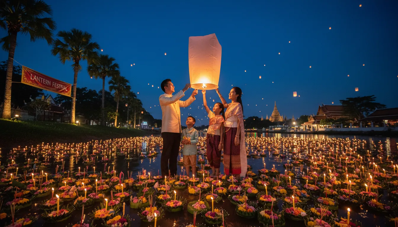 Uma família solta uma lanterna durante o festival das lanternas Tailândia, com krathongs flutuando no rio. Captura a alegria e a importância cultural do evento.