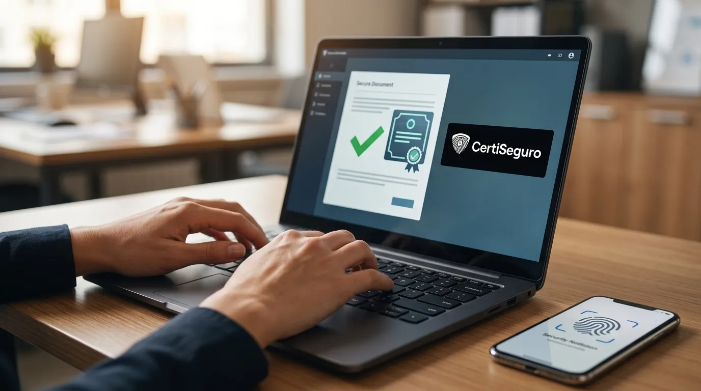 Painel de controle com autenticação de certificado digital notarizado em tela de notebook no escritório.