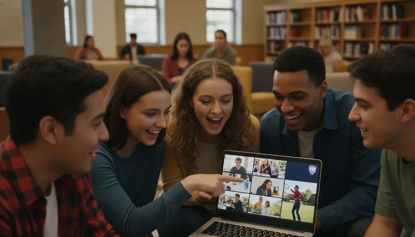Marketing educacional: Estudantes assistem vídeo institucional, mostrando orgulho e impacto do conteúdo autêntico.