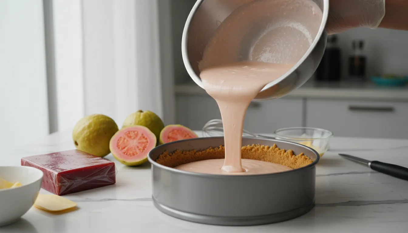 Preparação de um delicioso Cheesecake de Goiaba, com a massa cremosa sendo vertida na forma, usando goiabas frescas. A qualidade A Casa do Cheesecake.