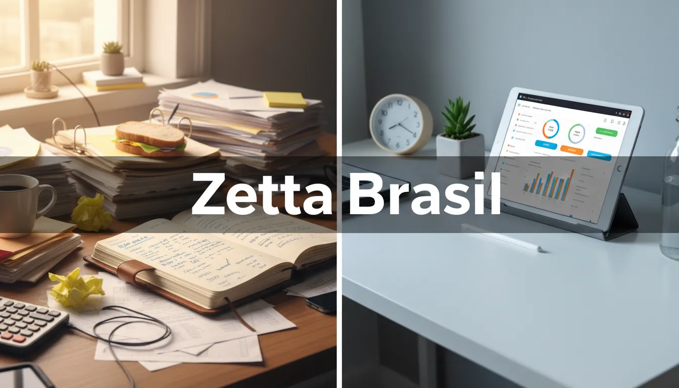 Comparativo visual: a desordem da planilha versus a organização do software da Zetta Brasil, refletindo a melhor gestão do fluxo de caixa.