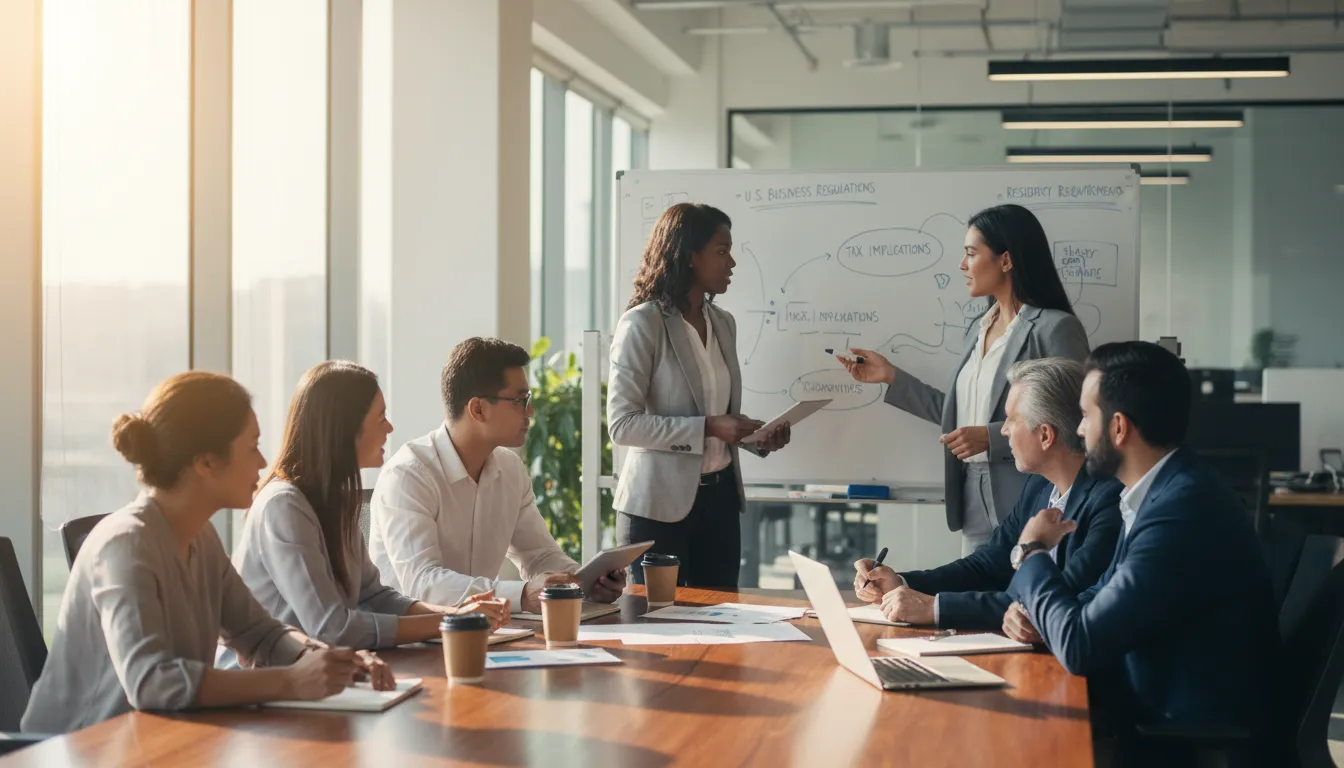 Grupo diverso discute regulamentos dos EUA, abordando se preciso morar nos EUA para abrir uma empresa.