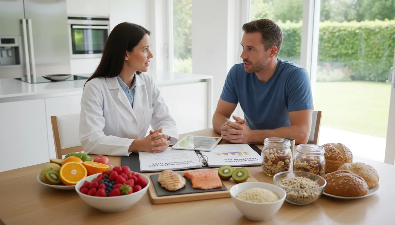 Nutricionista e cliente planejando uma alimentação saudável com alimentos nutritivos na mesa