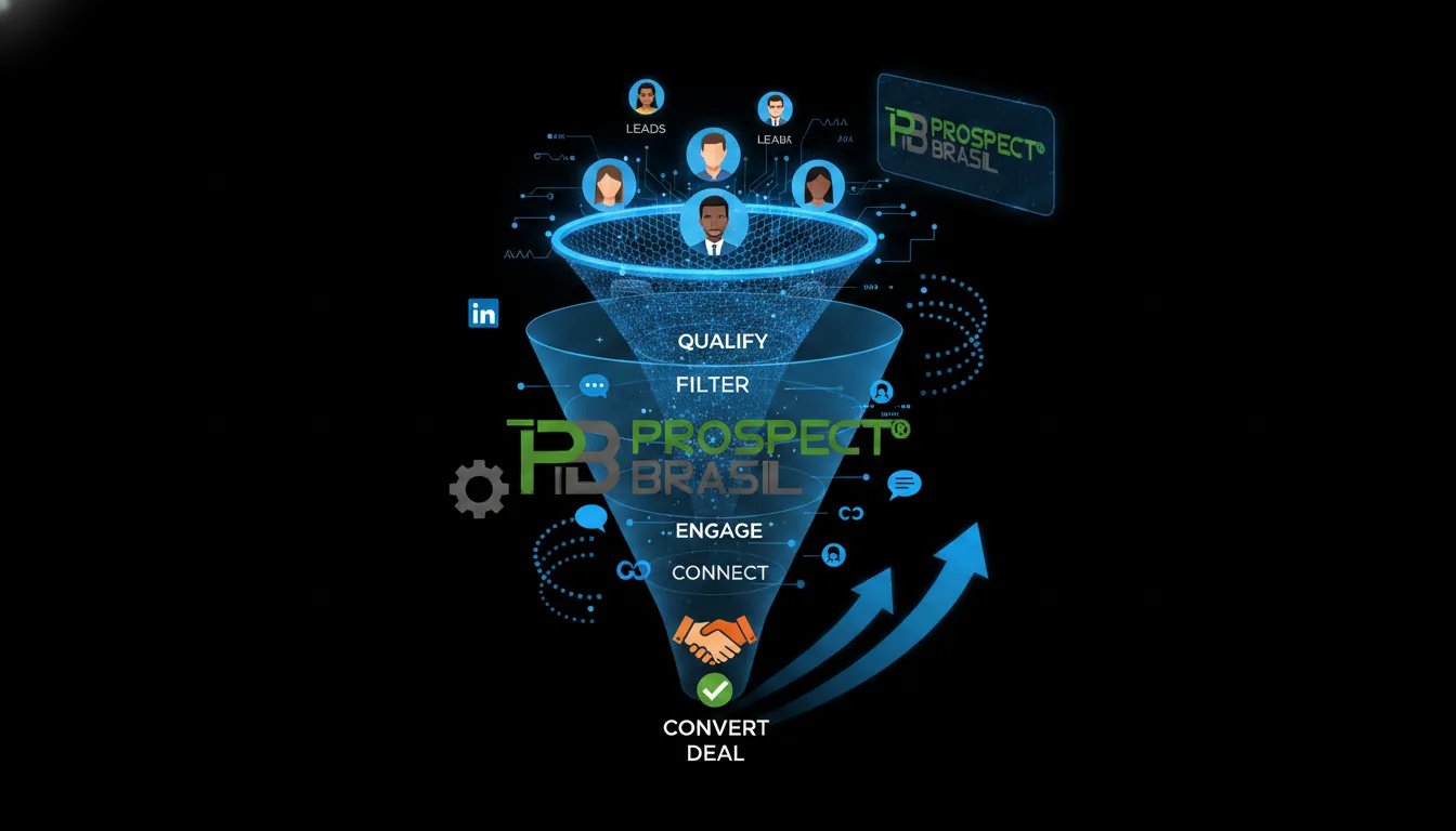 Funil de vendas B2B ilustrado, com perfis do LinkedIn alimentando a qualificação de leads e conversão.