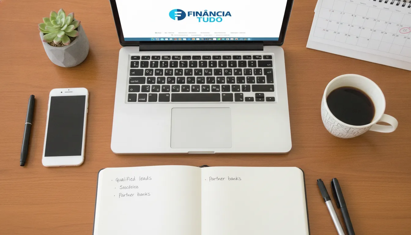 Mesa organizada com laptop Financia Tudo, notas sobre como conseguir indicações de crédito eficazes.