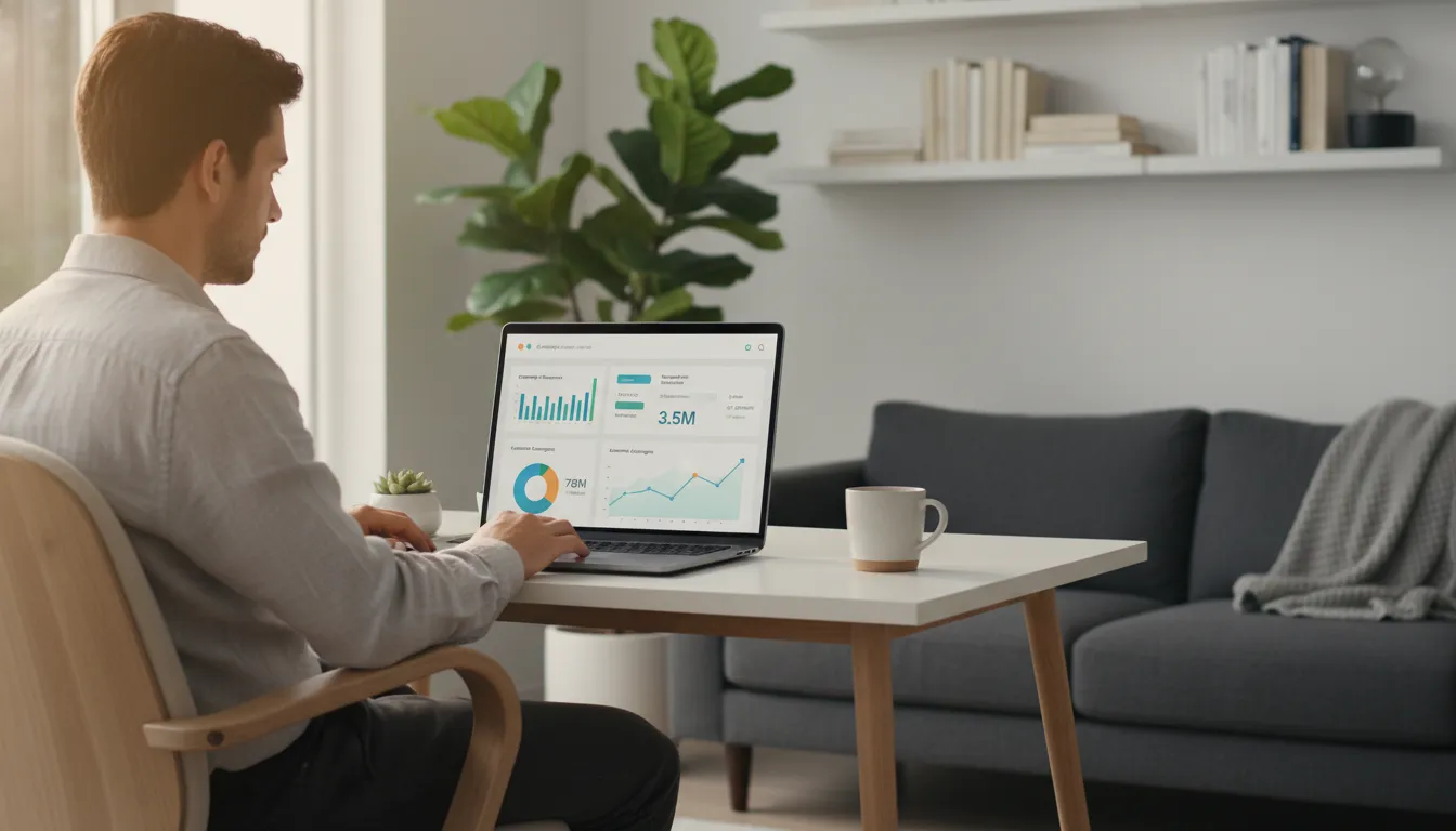 Profissional gerencia campanhas de mídia programática automatizadas em dashboard intuitivo, otimizando resultados.