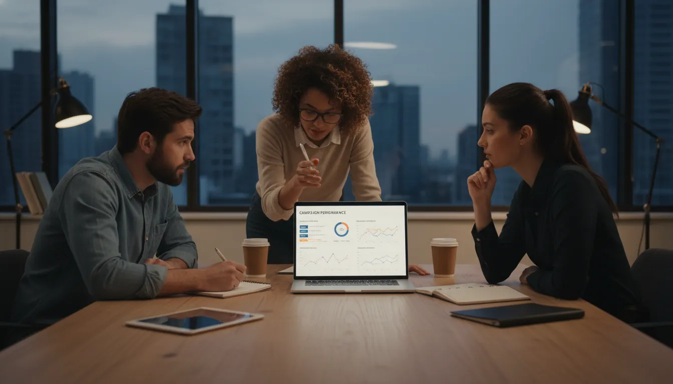 Equipe criativa discutindo estratégias de segmentação para campanha de publicidade online