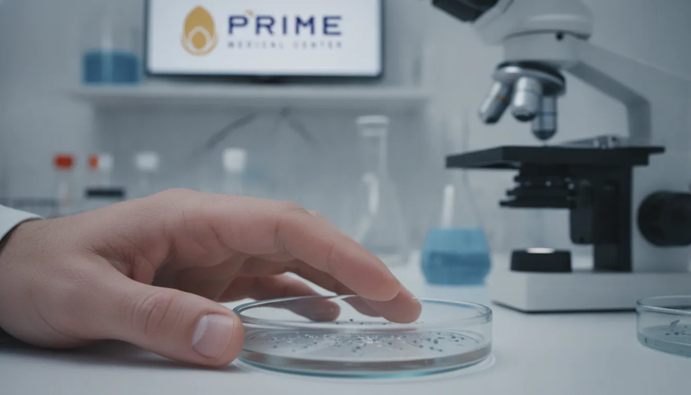 Mão masculina toca placa petri com espermatozoides, simbolizando diagnóstico de infertilidade masculina e suas causas.