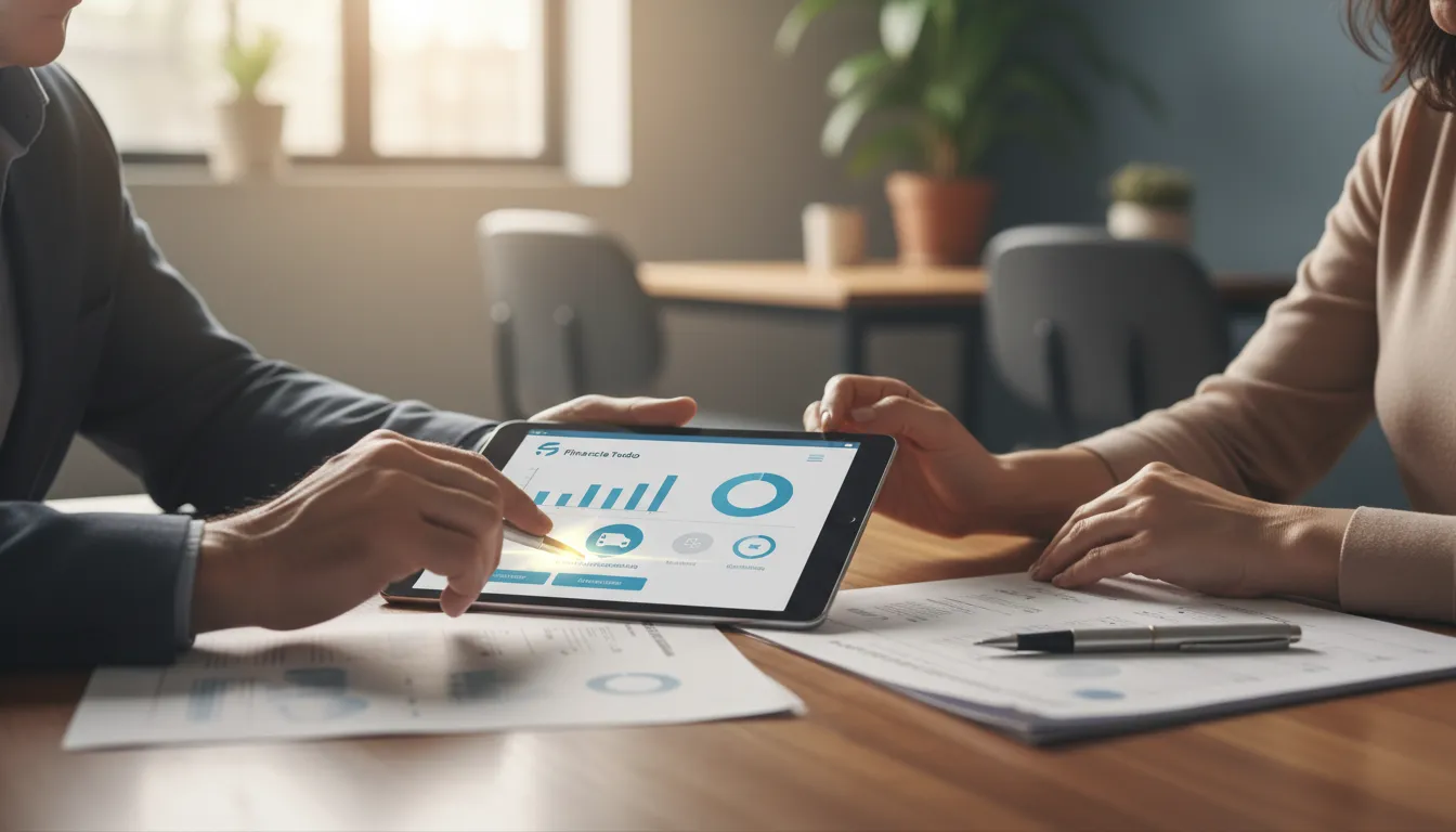 Mãos analisando opções de refinanciamento de caminhão quitado em tela, com foco em soluções financeiras.