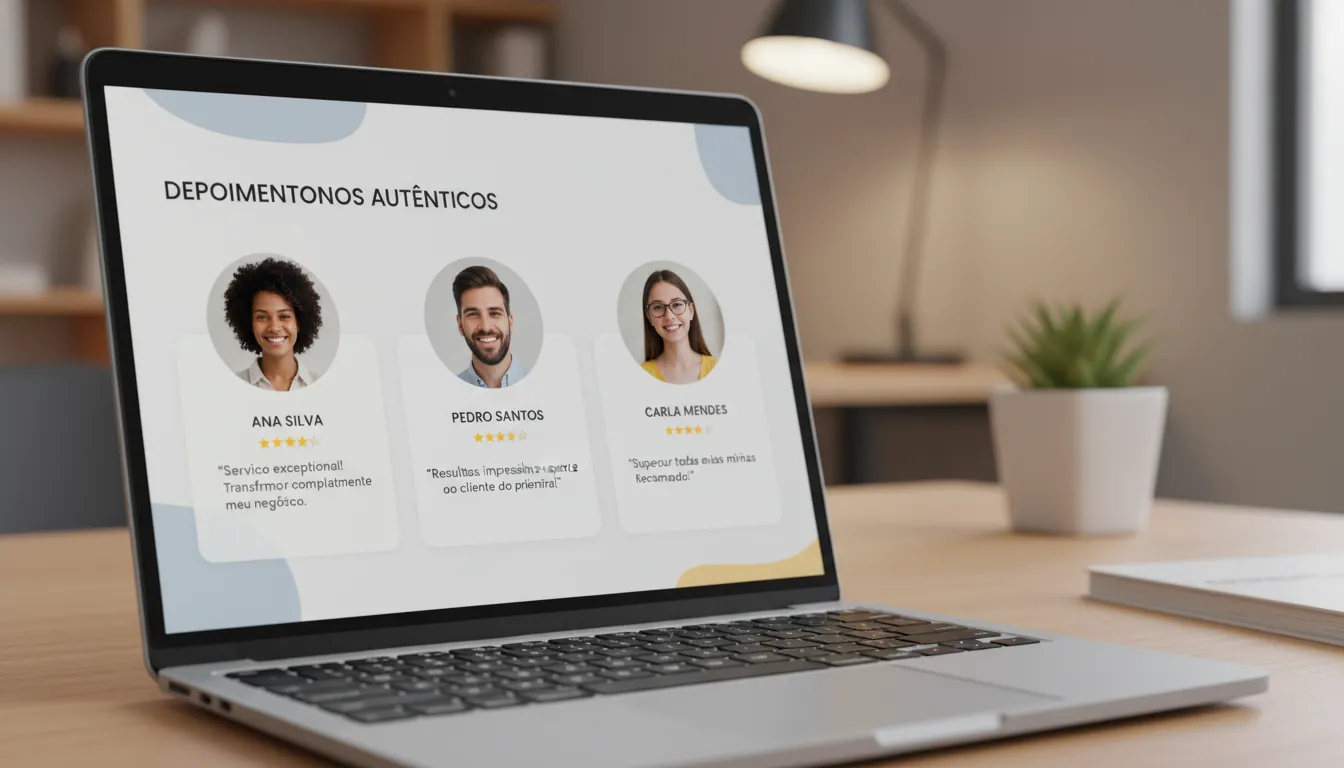 Exemplos de Seções de Prova Social para Sites e Landing Pages 1 Seção de depoimentos autênticos de clientes com fotos, em design limpo e moderno.