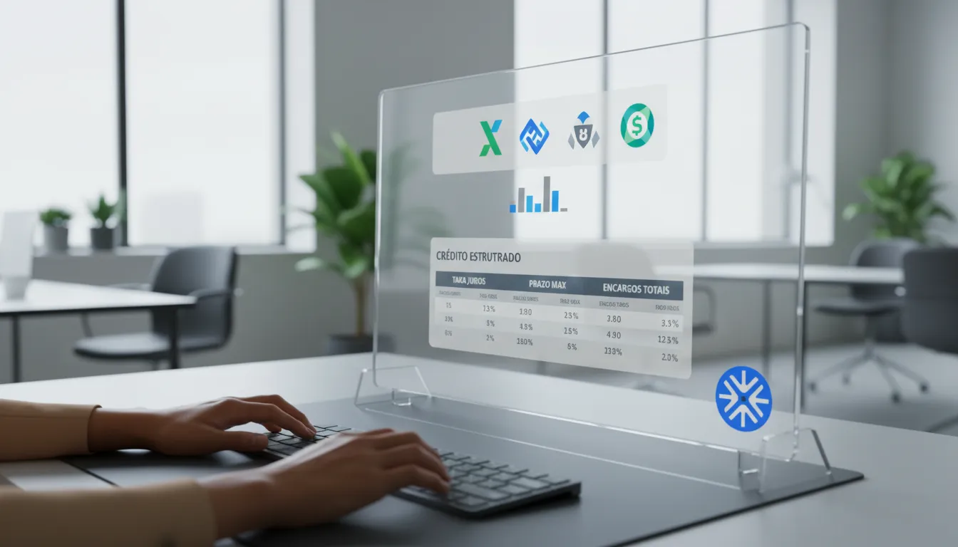 Interface digital segura exibindo opções competitivas de crédito estruturado de diversos bancos parceiros, simbolizando agilidade e transparência.
