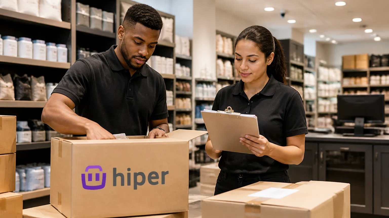 Equipe recebendo mercadorias e repondo estoque para Black Friday na loja
