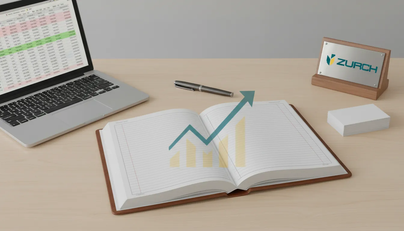 Visão superior de uma mesa organizada com um livro razão e laptop mostrando dados financeiros. Ilustração da gestão financeira para pequenas empresas e organização.